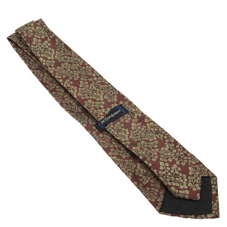 Pre Owned Saint Laurent Paris Brown Leaf Woven Silk Tie