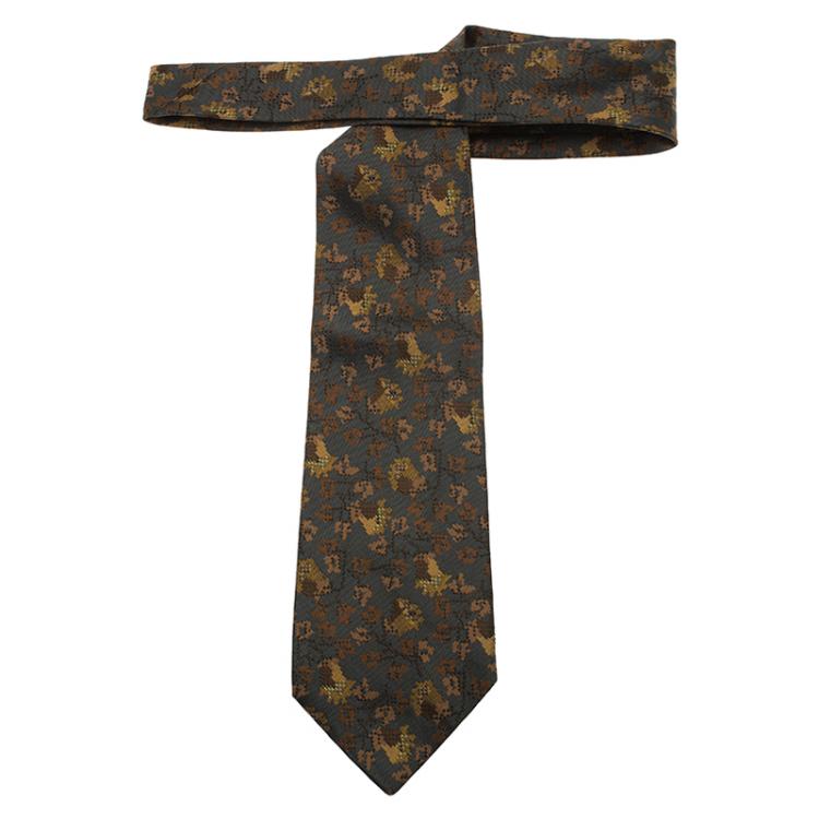 Pre Owned Saint Laurent Paris Green and Grey Woven Silk Tie