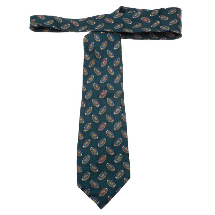 Pre Owned Saint Laurent Paris Green Printed Silk Tie