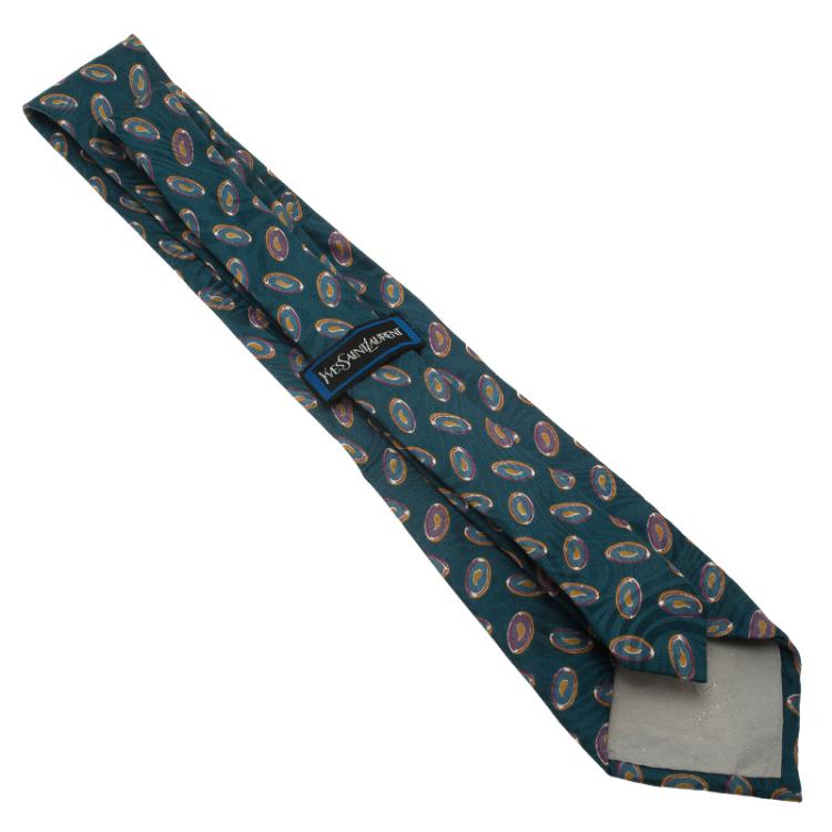 Pre Owned Saint Laurent Paris Green Printed Silk Tie