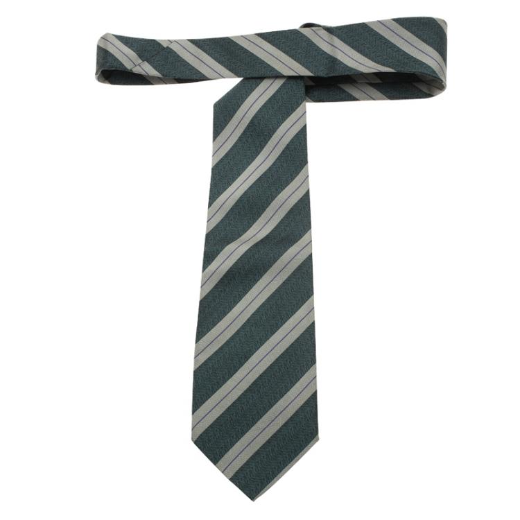 Pre Owned Saint Laurent Paris Grey and Blue Striped Silk Tie