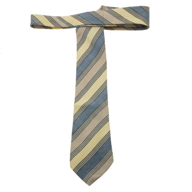 Pre Owned Saint Laurent Paris Blue and Yellow Striped Silk Tie