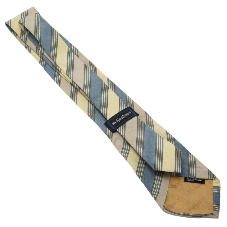 Pre Owned Saint Laurent Paris Blue and Yellow Striped Silk Tie