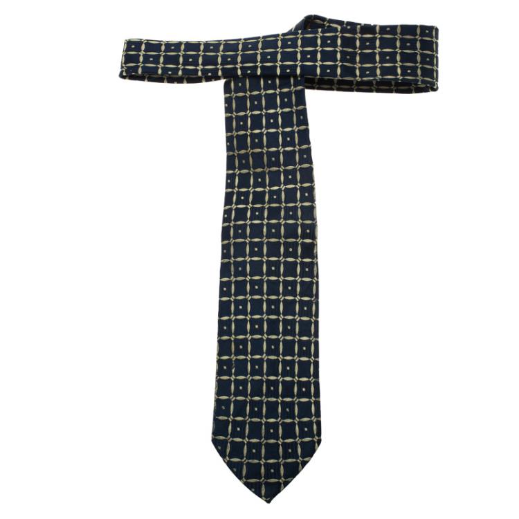 Pre Owned Saint Laurent Paris Dark Blue and White Woven Silk Tie