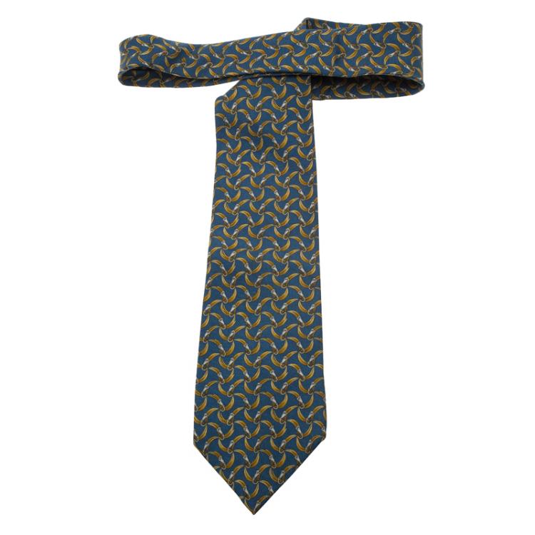 Pre Owned Saint Laurent Paris Blue and Yellow Floral Printed Silk Tie