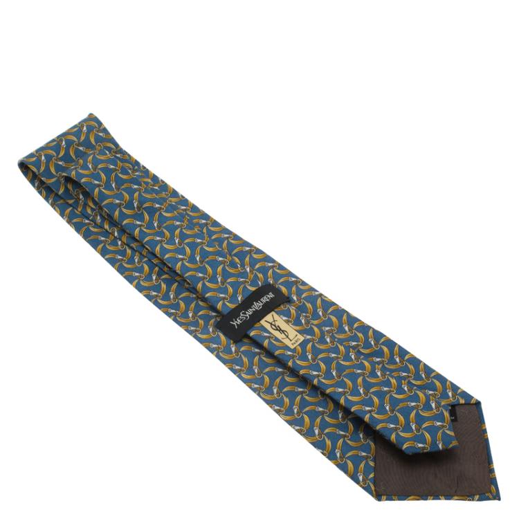 Pre Owned Saint Laurent Paris Blue and Yellow Floral Printed Silk Tie