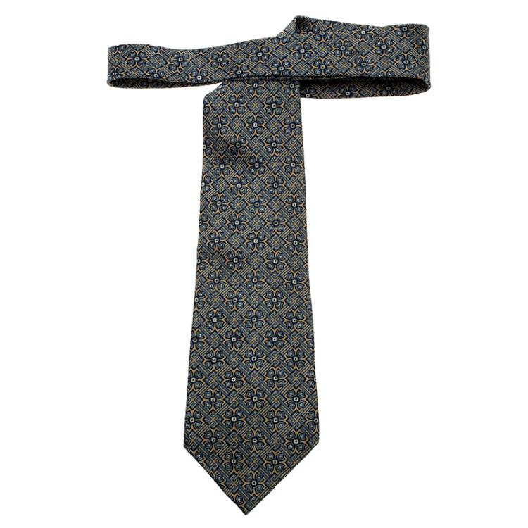 Pre Owned Saint Laurent Blue and Beige Printed Silk Tie