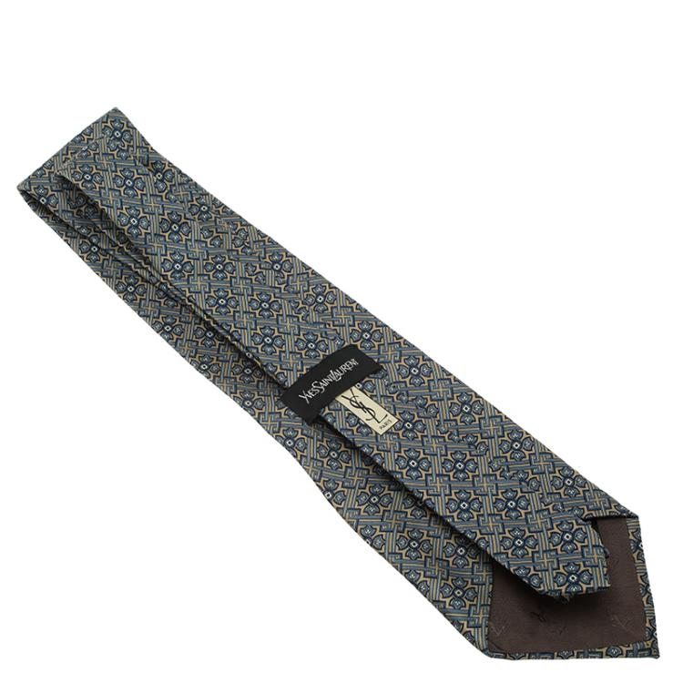 Pre Owned Saint Laurent Blue and Beige Printed Silk Tie