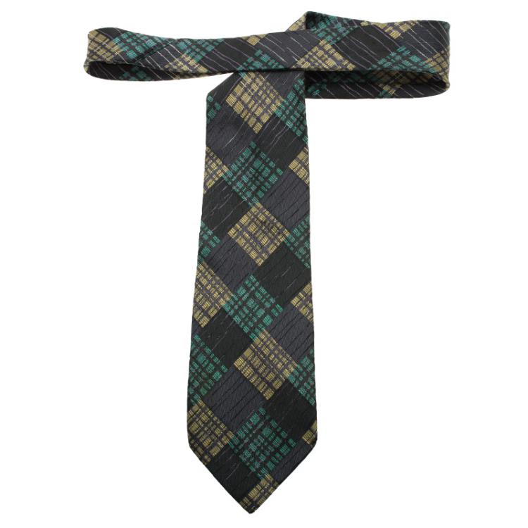 Pre Owned Saint Laurent Paris Grey Checked Silk Tie