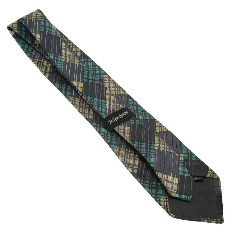 Pre Owned Saint Laurent Paris Grey Checked Silk Tie