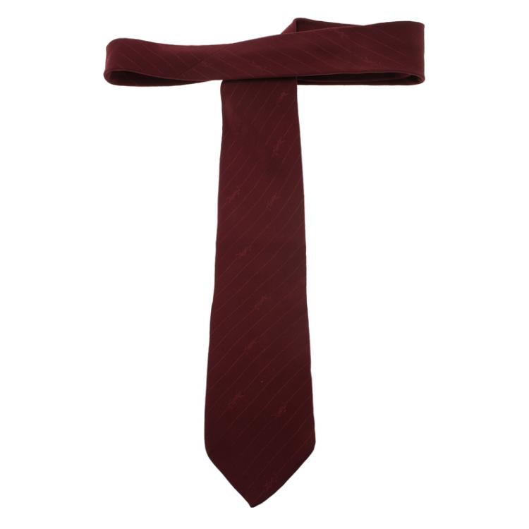 Pre Owned Saint Laurent Paris Maroon Striped Logo Silk Tie