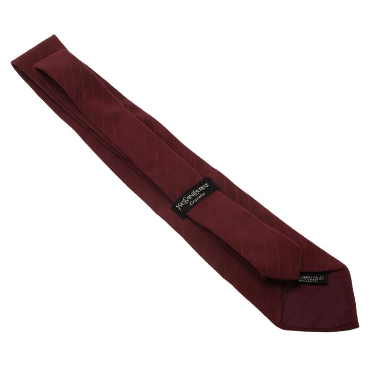 Pre Owned Saint Laurent Paris Maroon Striped Logo Silk Tie