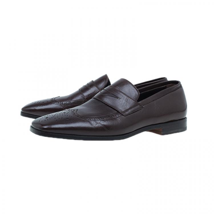 Pre Owned Saint Laurent Paris Brown Brogue Leather Penny Loafers Size 40.5