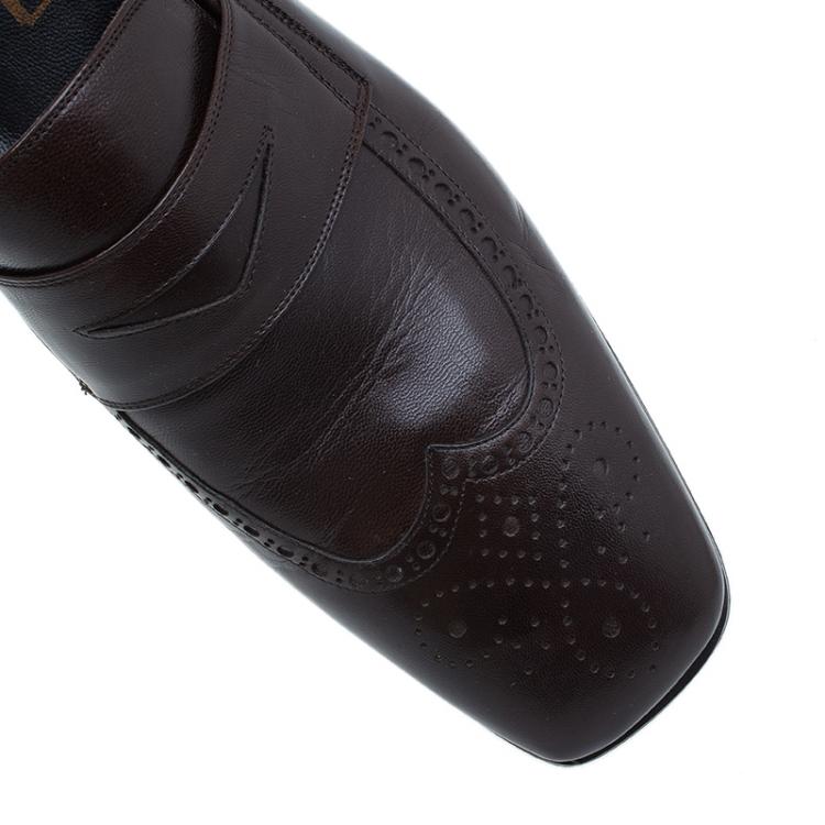 Pre Owned Saint Laurent Paris Brown Brogue Leather Penny Loafers Size 40.5