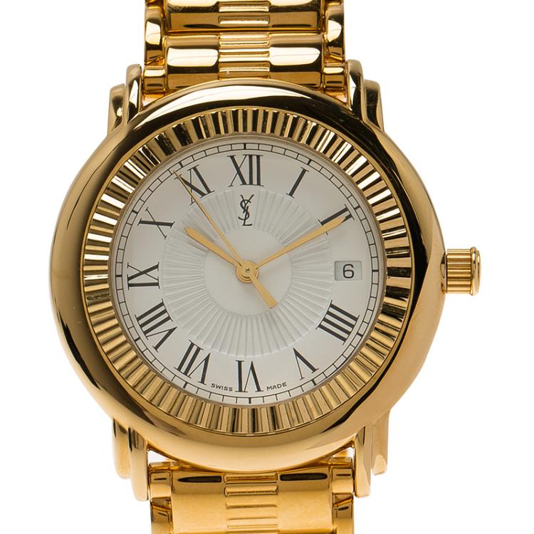 Pre Owned Saint Laurent Paris White Gold-Plated Stainless Steel Herrenuhr Men's Wristwatch 36MM