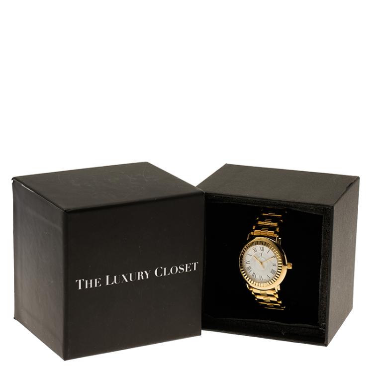 Pre Owned Saint Laurent Paris White Gold-Plated Stainless Steel Herrenuhr Men's Wristwatch 36MM