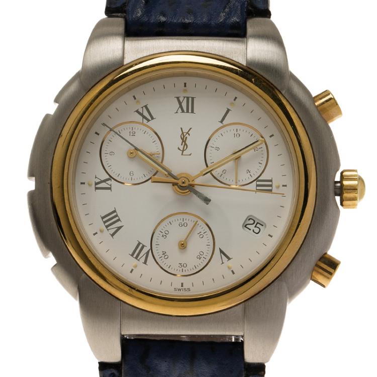 Pre Owned Saint Laurent Paris White Gold-Plated Stainless Steel Classic Men's Wristwatch 40MM