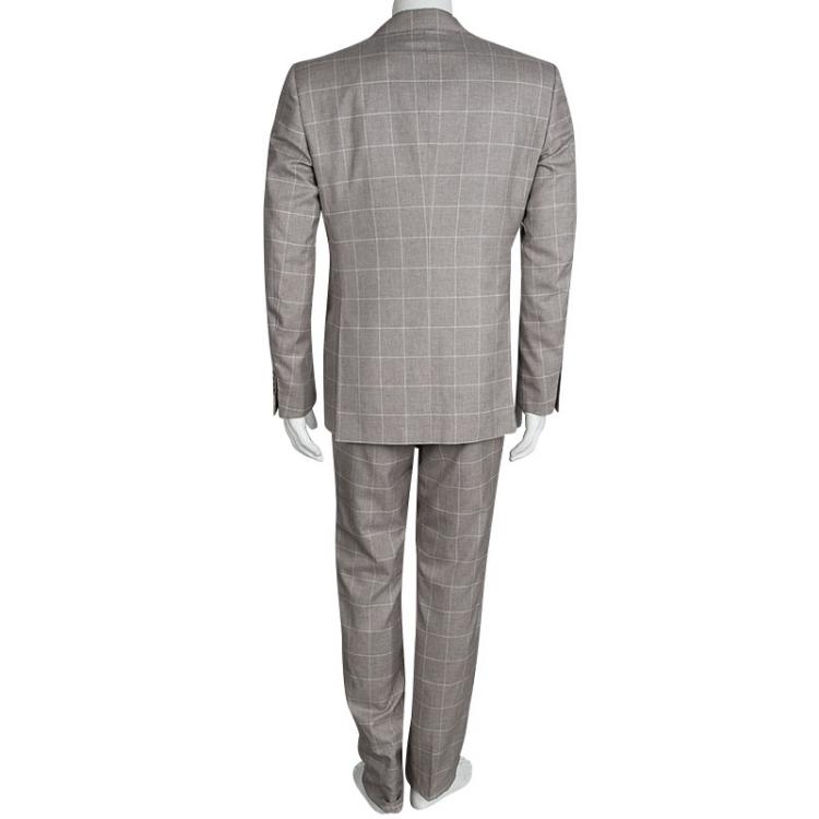 Pre Owned Salvatore Ferragamo Beige Checked Wool  Slim Fit Derby Pant Suit L