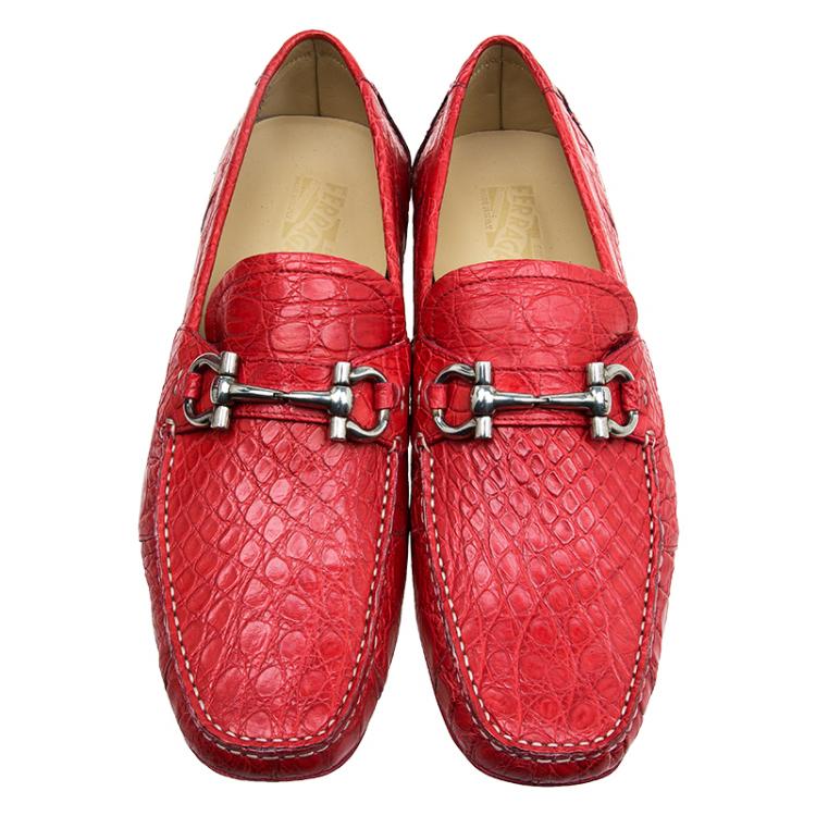 Pre Owned Salvatore Ferragamo Red Croc Embossed Leather Loafers Size 44.5