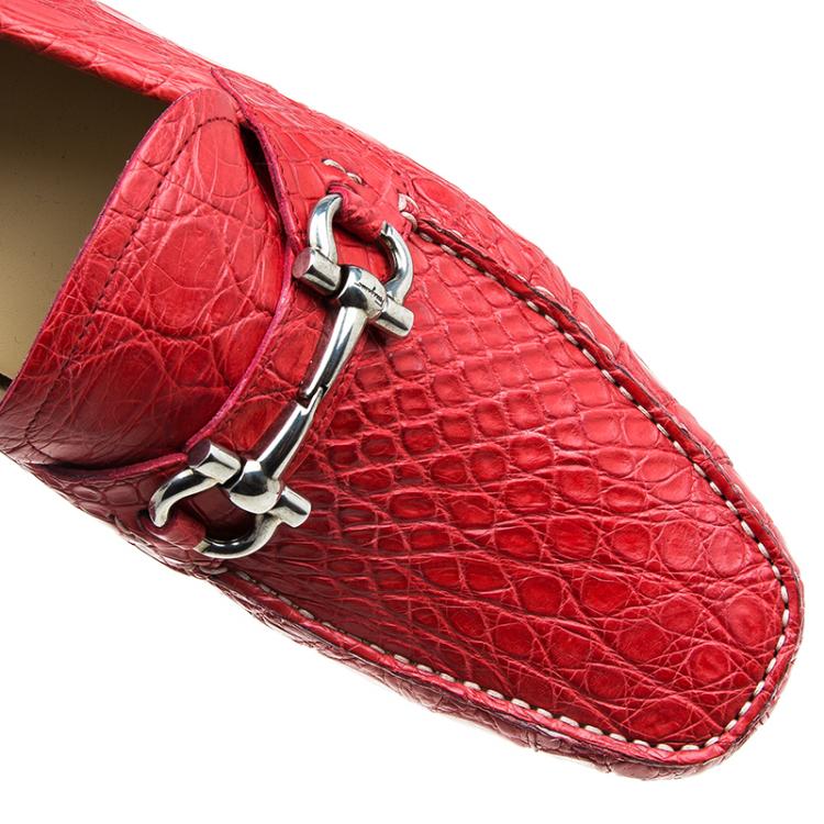 Pre Owned Salvatore Ferragamo Red Croc Embossed Leather Loafers Size 44.5