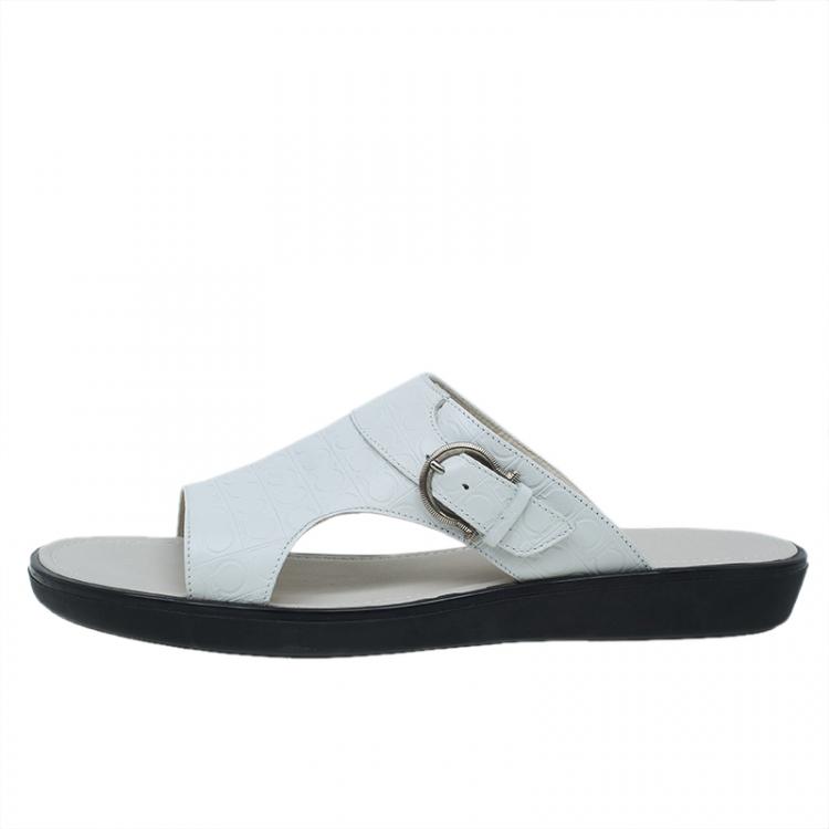 Pre Owned Salvatore Ferragamo Cream Leather Buckle Embellished Slip-On Sandals Size 44