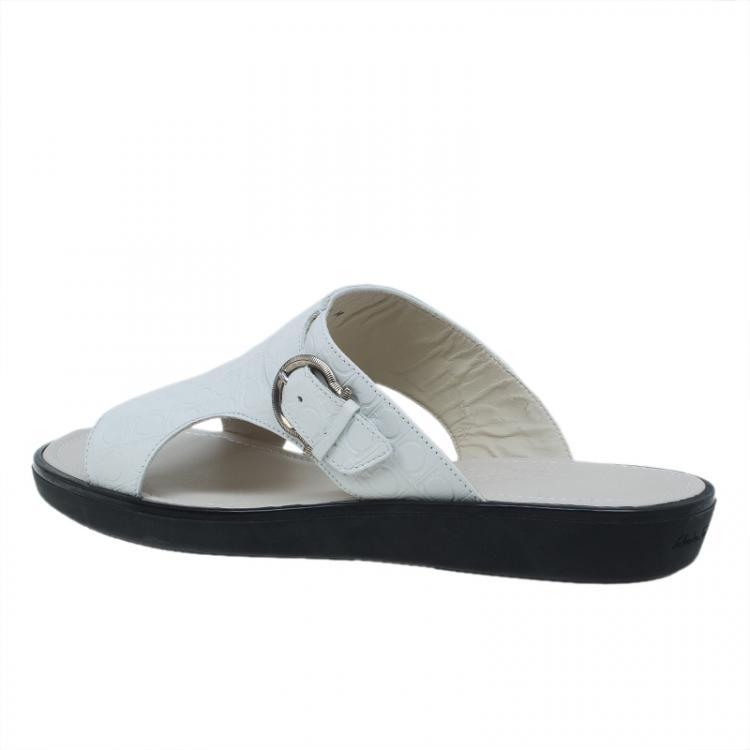 Pre Owned Salvatore Ferragamo Cream Leather Buckle Embellished Slip-On Sandals Size 44