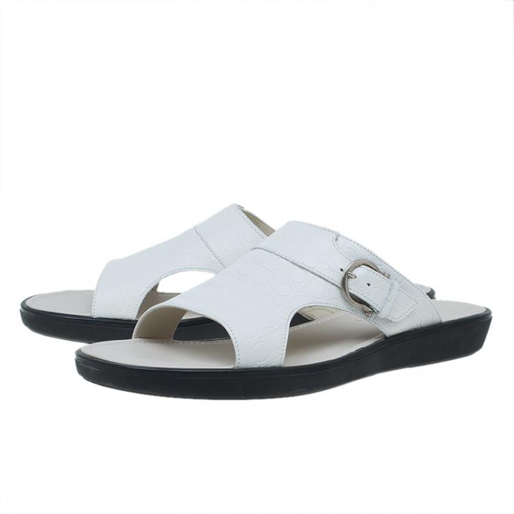 Pre Owned Salvatore Ferragamo Cream Leather Buckle Embellished Slip-On Sandals Size 44
