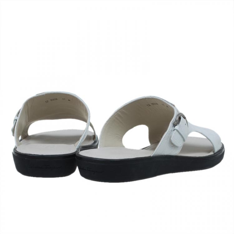 Pre Owned Salvatore Ferragamo Cream Leather Buckle Embellished Slip-On Sandals Size 44
