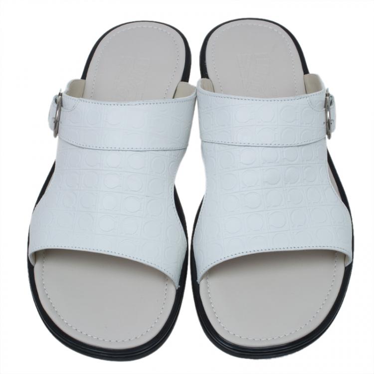 Pre Owned Salvatore Ferragamo Cream Leather Buckle Embellished Slip-On Sandals Size 44