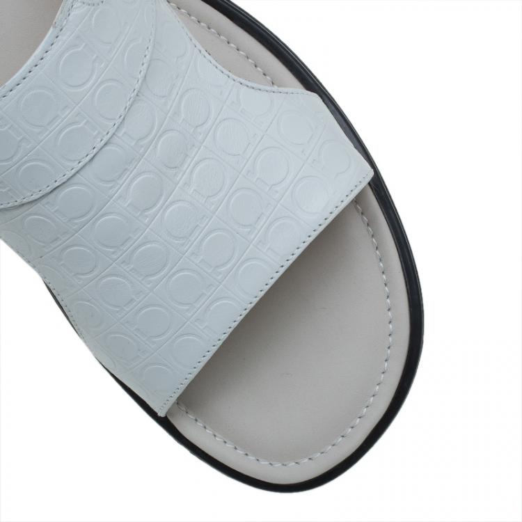 Pre Owned Salvatore Ferragamo Cream Leather Buckle Embellished Slip-On Sandals Size 44