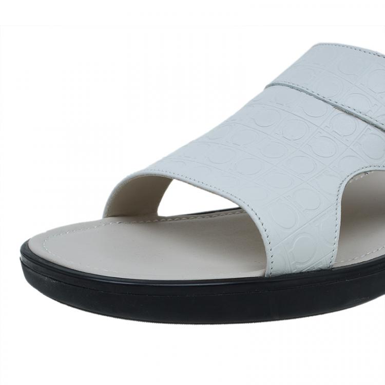 Pre Owned Salvatore Ferragamo Cream Leather Buckle Embellished Slip-On Sandals Size 44