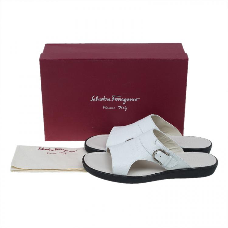 Pre Owned Salvatore Ferragamo Cream Leather Buckle Embellished Slip-On Sandals Size 44
