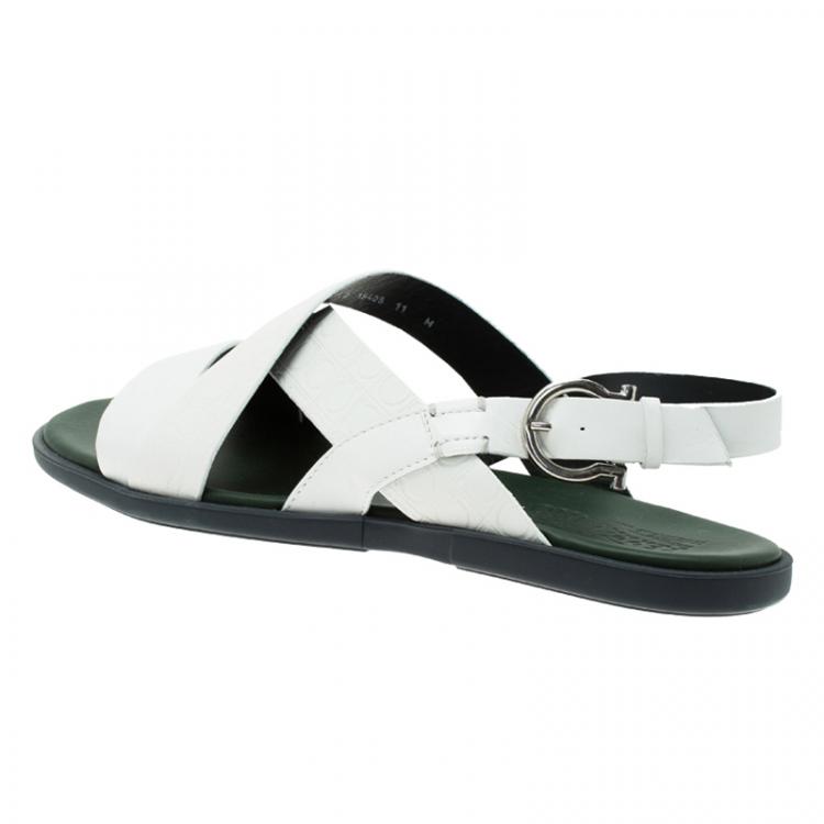 Pre Owned Salvatore Ferragamo White Logo Emobossed Criss Cross Strap Sandals Size 44