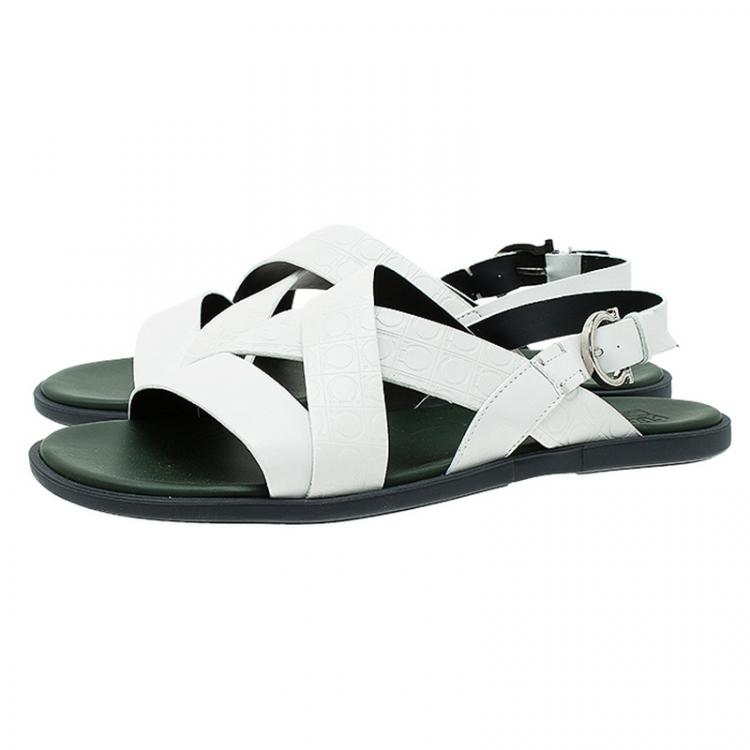 Pre Owned Salvatore Ferragamo White Logo Emobossed Criss Cross Strap Sandals Size 44