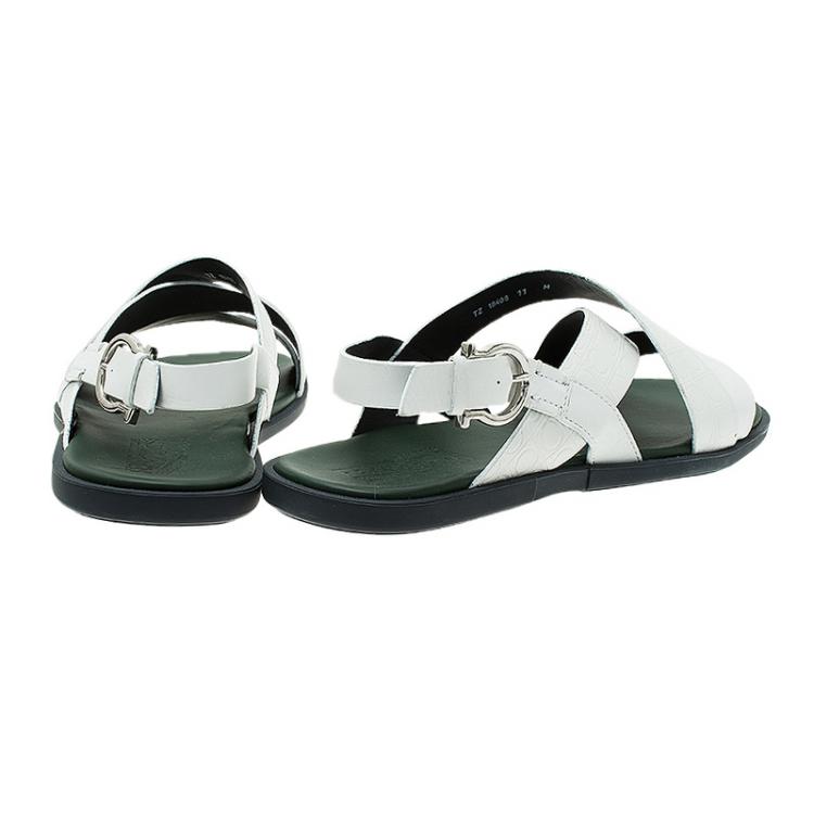 Pre Owned Salvatore Ferragamo White Logo Emobossed Criss Cross Strap Sandals Size 44
