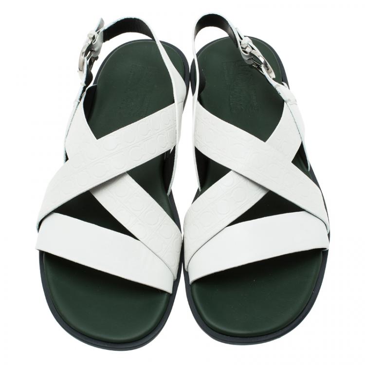 Pre Owned Salvatore Ferragamo White Logo Emobossed Criss Cross Strap Sandals Size 44