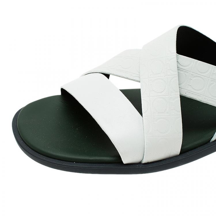 Pre Owned Salvatore Ferragamo White Logo Emobossed Criss Cross Strap Sandals Size 44