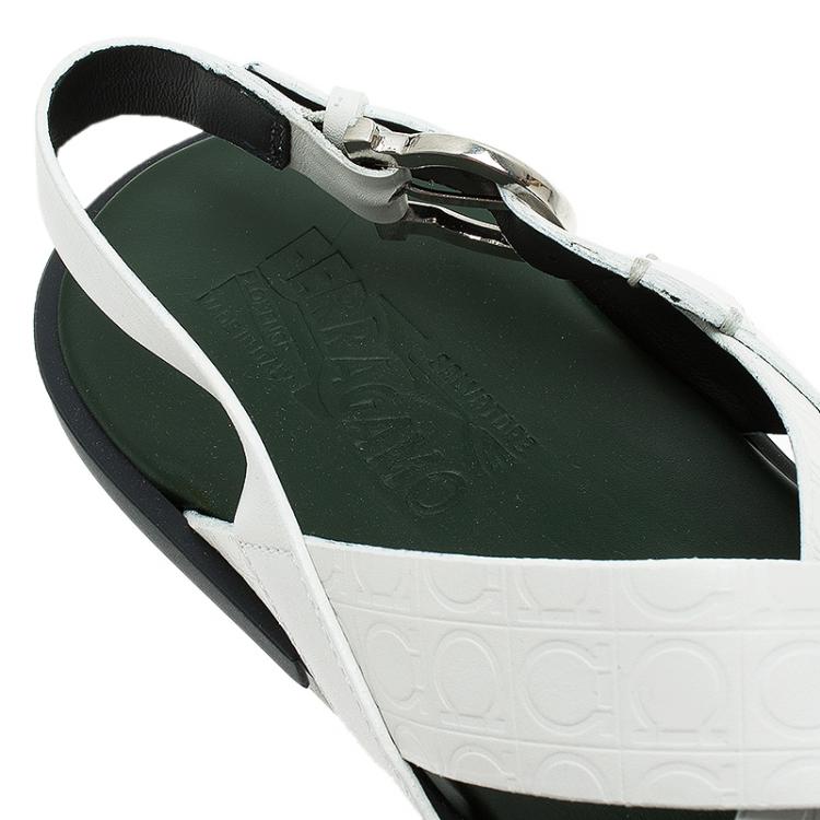Pre Owned Salvatore Ferragamo White Logo Emobossed Criss Cross Strap Sandals Size 44