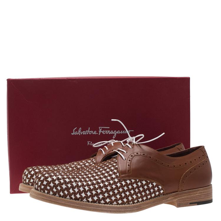 Pre Owned Salvatore Ferragamo Brown Woven Leather Bario Oxfords Size 43.5