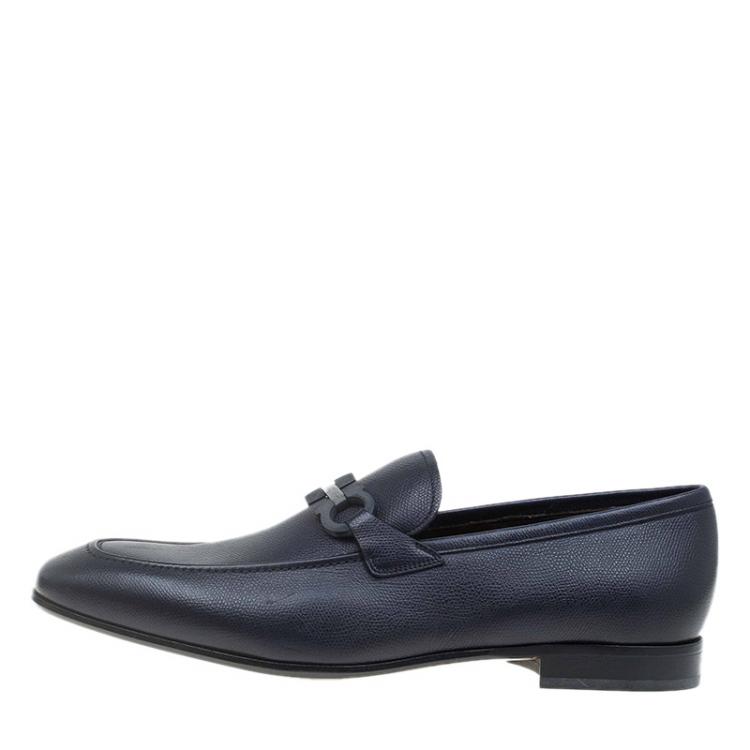 Pre Owned Salvatore Ferragamo Navy Blue Leather Manfredi Gancio Bit Loafers Size 43.5