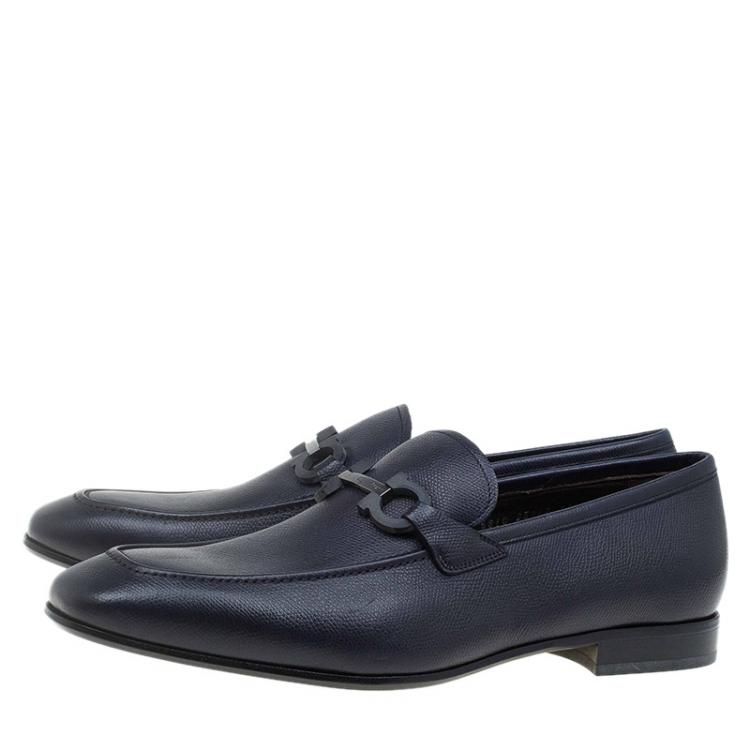 Pre Owned Salvatore Ferragamo Navy Blue Leather Manfredi Gancio Bit Loafers Size 43.5