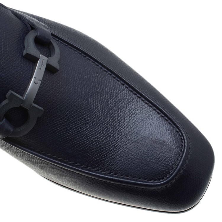Pre Owned Salvatore Ferragamo Navy Blue Leather Manfredi Gancio Bit Loafers Size 43.5