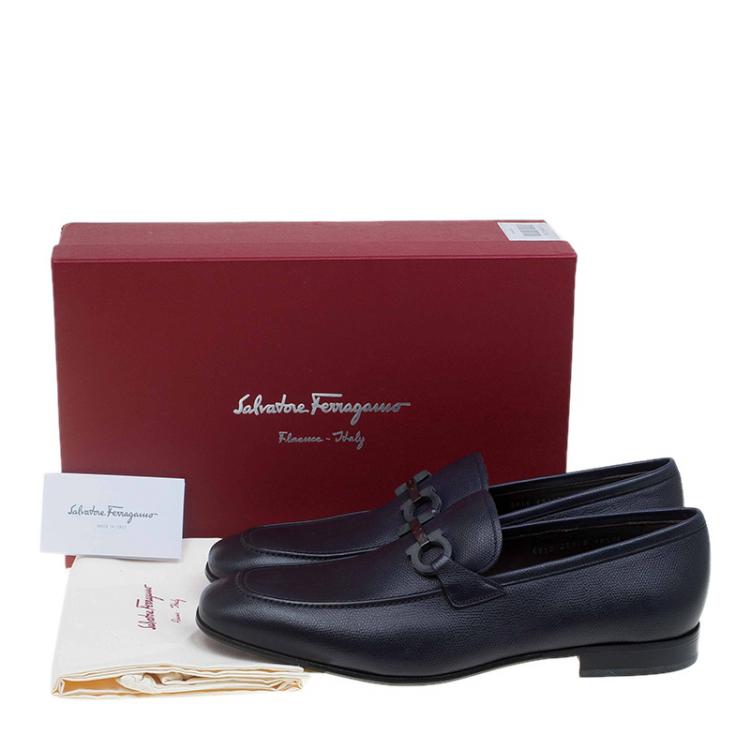Pre Owned Salvatore Ferragamo Navy Blue Leather Manfredi Gancio Bit Loafers Size 43.5
