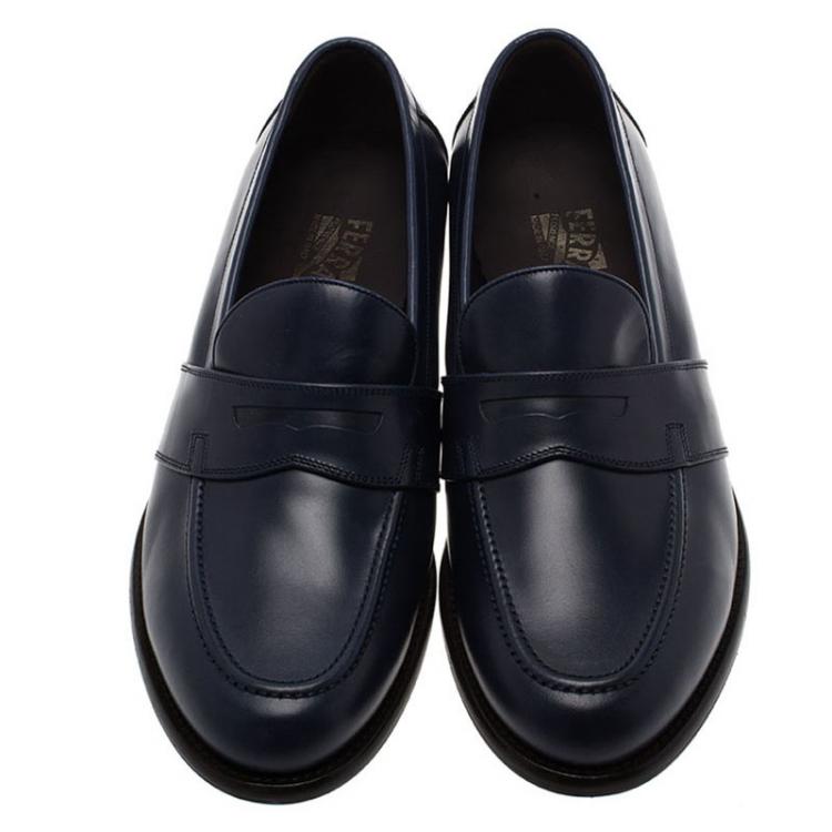Pre Owned Salvatore Ferragamo Navy Blue Leather Penny Loafers Size 44
