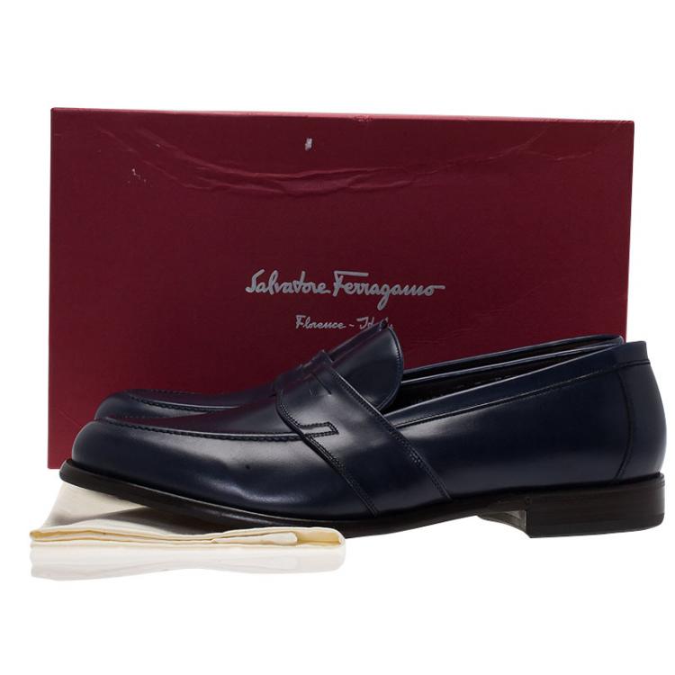 Pre Owned Salvatore Ferragamo Navy Blue Leather Penny Loafers Size 44