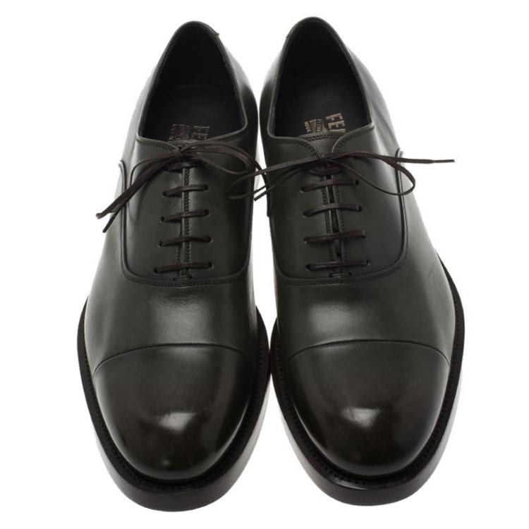 Pre Owned Salvatore Ferragamo Olive Green Leather Pride Oxfords Size 43