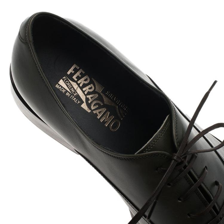Pre Owned Salvatore Ferragamo Olive Green Leather Pride Oxfords Size 43