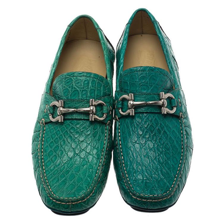 Pre Owned Salvatore Ferragamo Green Croc Embossed Leather Parigi Loafers Size 41