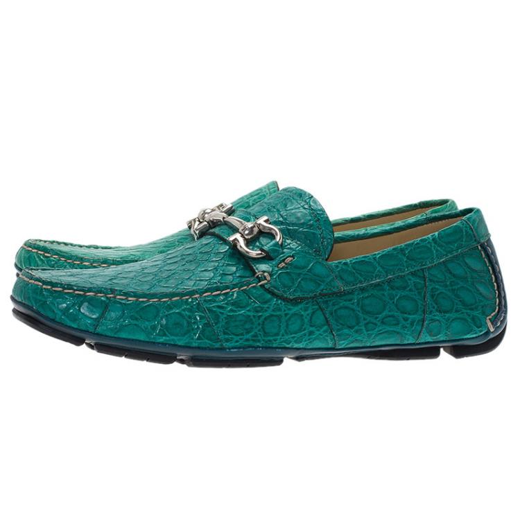 Pre Owned Salvatore Ferragamo Green Croc Embossed Leather Parigi Loafers Size 41