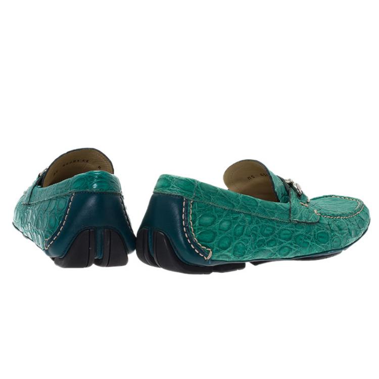 Pre Owned Salvatore Ferragamo Green Croc Embossed Leather Parigi Loafers Size 41
